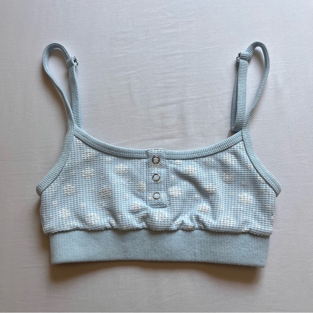 FRANKIE’S BIKINIS baby blue cloud waffle textured swim knit cropped tank top
